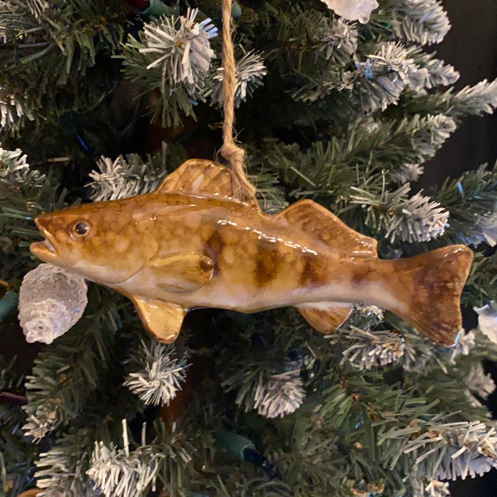 Ceramic “walleye” fish ornament.